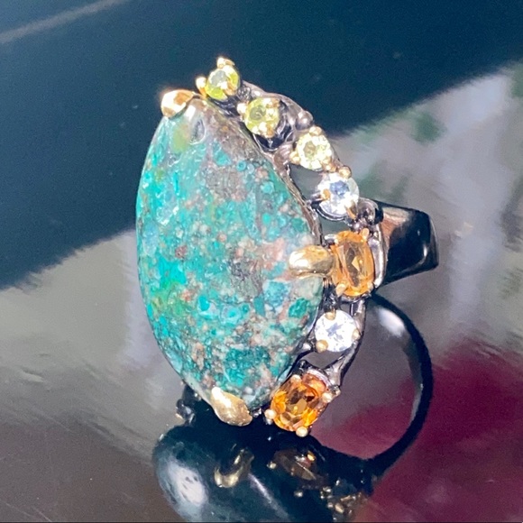 Mysterious Genuine Turquoise Ring with Gemstones - Picture 12 of 17